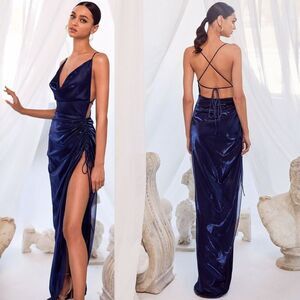 Alamour The Label Claudia Navy Ruched Draped Neck Sleeveless Strappy Back Gown M